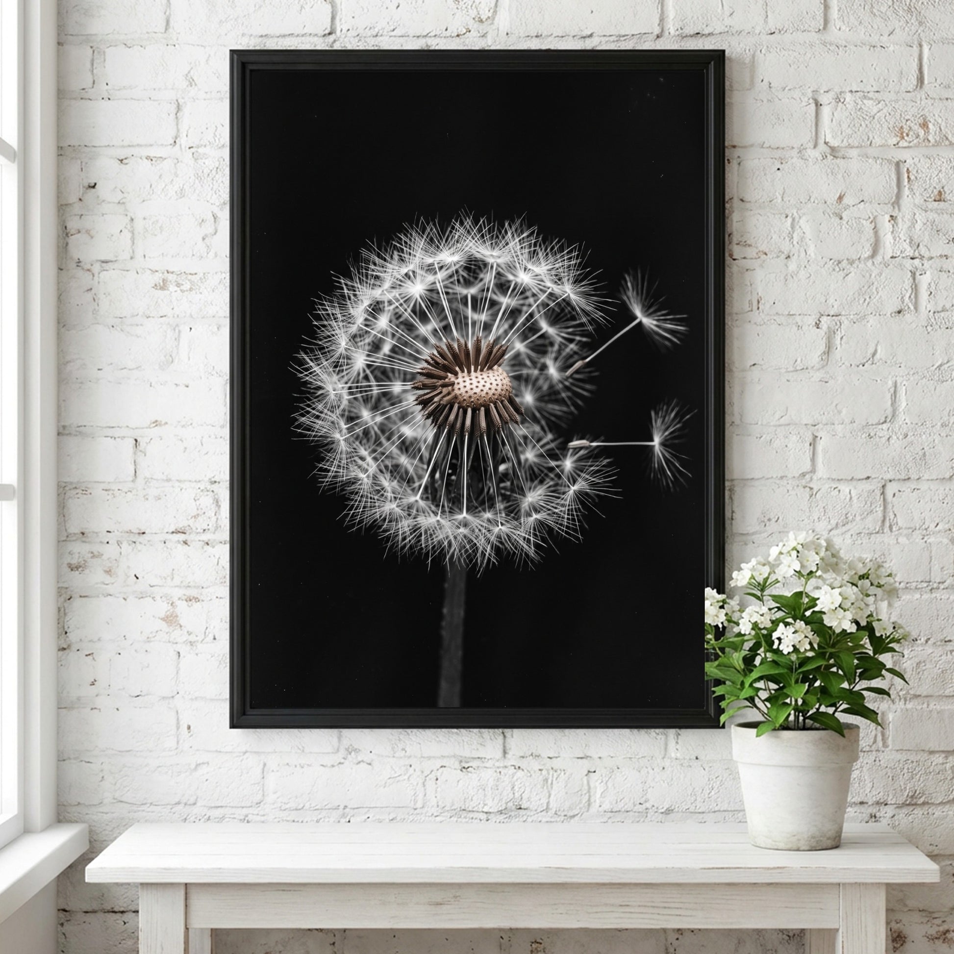 Botanical wall art of a dandelion seed head with white seeds on black minimalist background