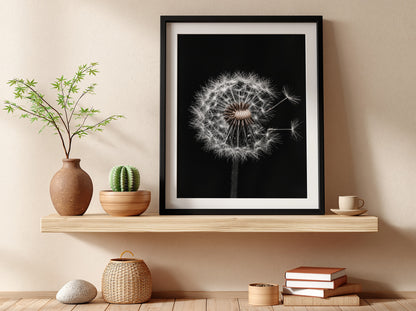 Botanical wall art of a dandelion seed head with white seeds on black minimalist background