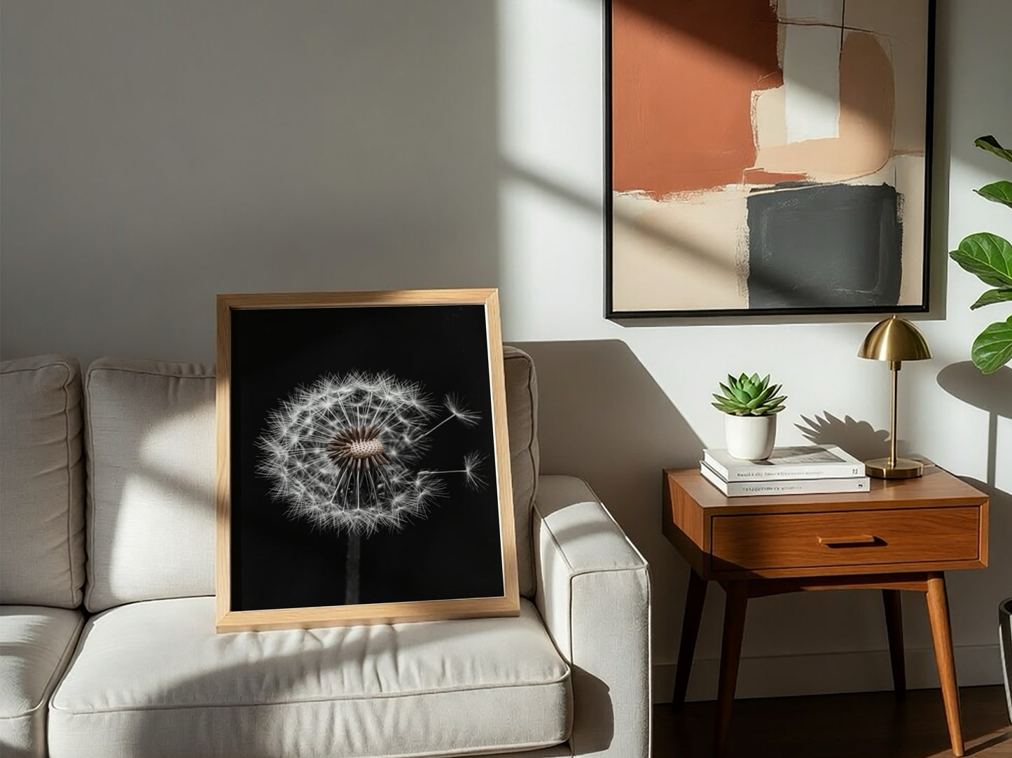 Botanical wall art of a dandelion seed head with white seeds on black minimalist background