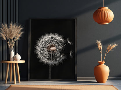 Botanical wall art of a dandelion seed head with white seeds on black minimalist background