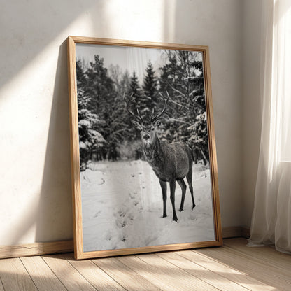 black and white nature wall decor showing deer standing in snowy forest clearing with pine trees