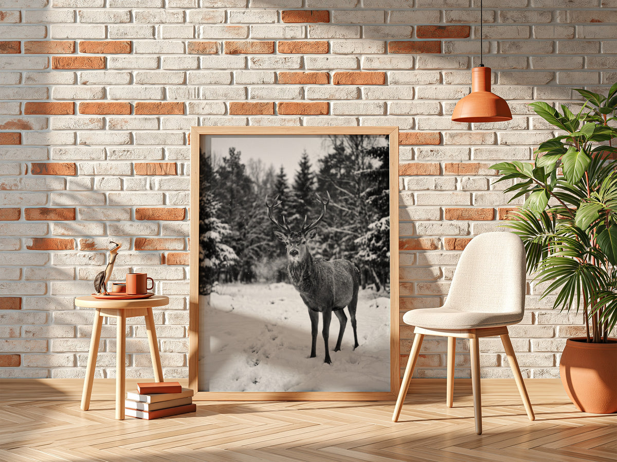 black and white nature wall decor showing deer standing in snowy forest clearing with pine trees