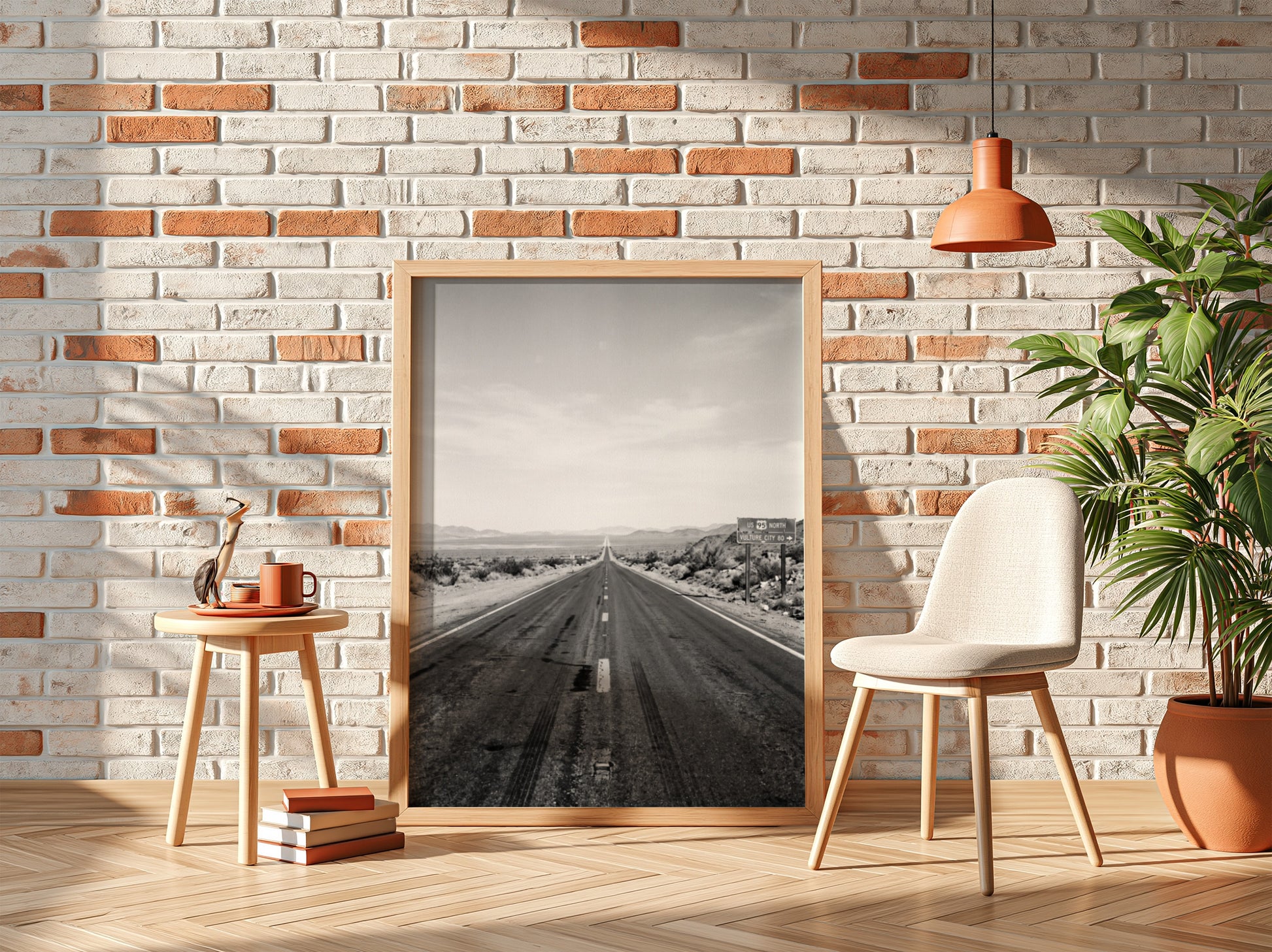 Wall poster of black and white desert highway stretching to horizon with mountains and open landscape