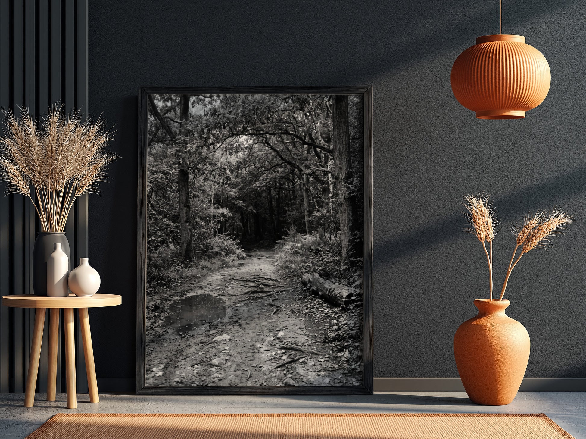 Black and white wall decor of dirt path through dense woodland with trees and roots