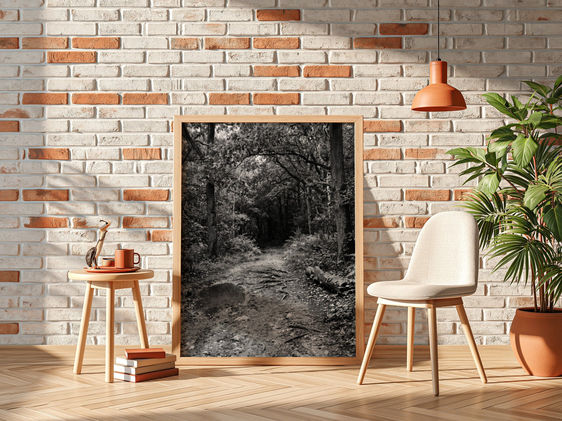 Black and white wall decor of dirt path through dense woodland with trees and roots