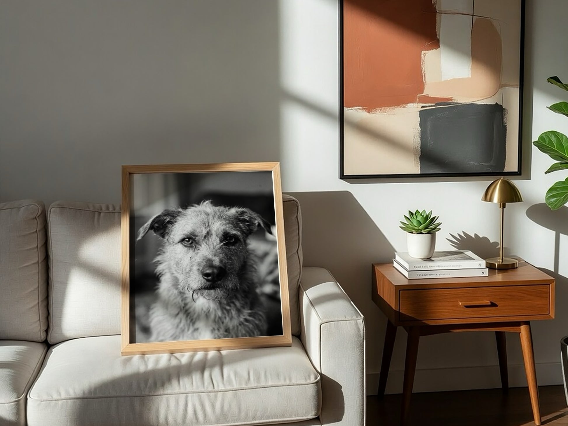 Black and white dog portrait wall decor with scruffy dog by window in natural light