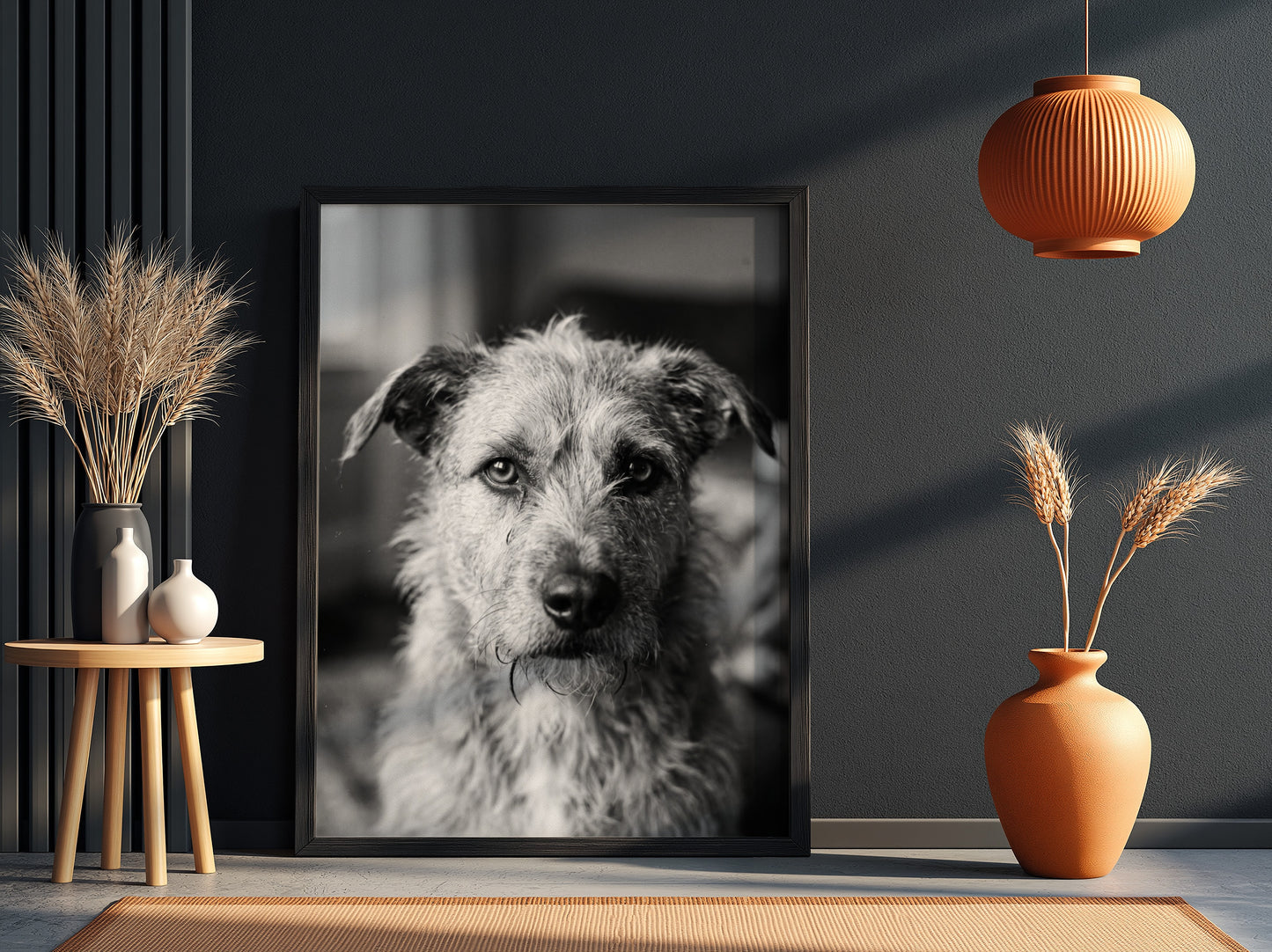 Black and white dog portrait wall decor with scruffy dog by window in natural light