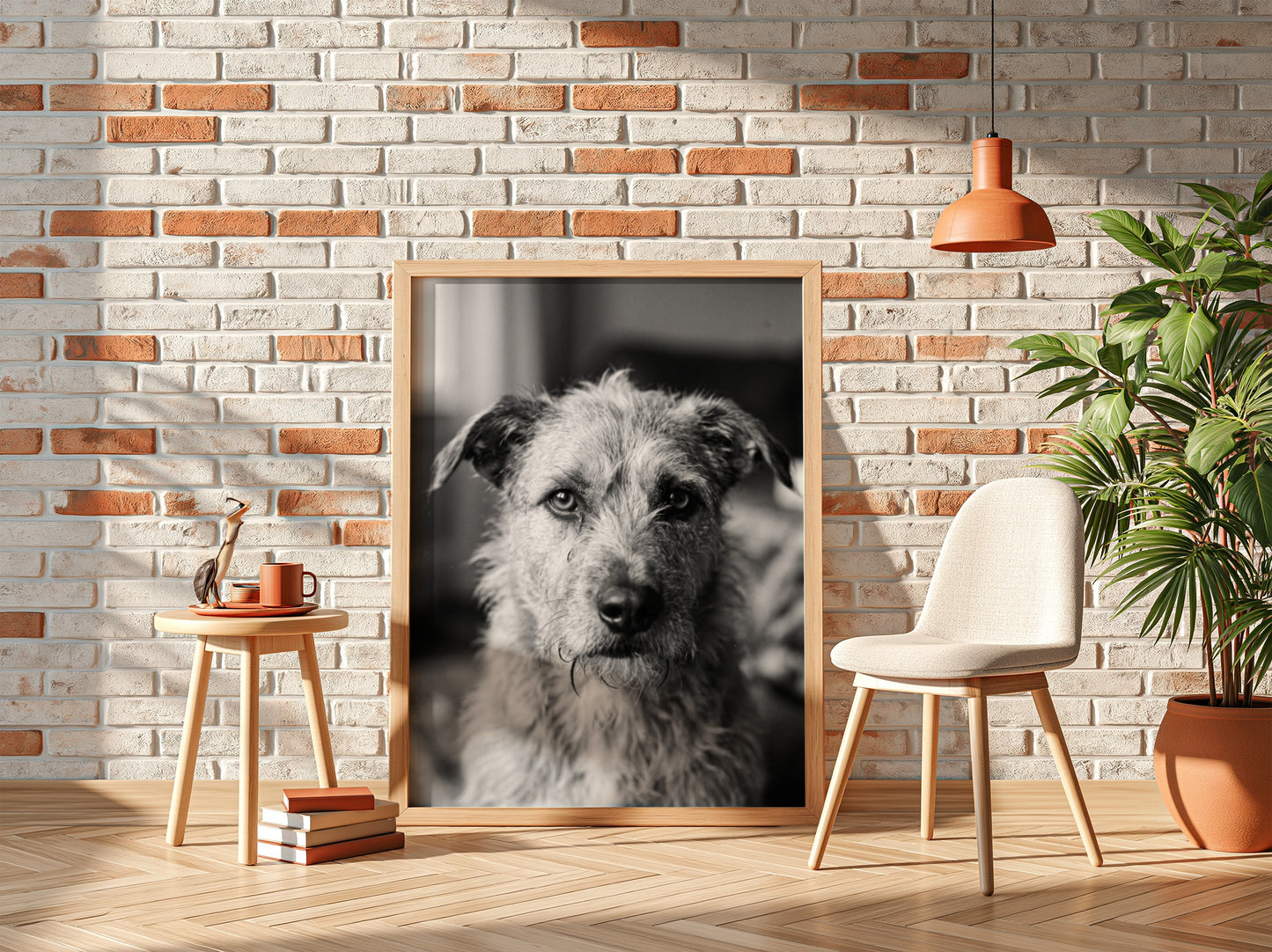 Black and white dog portrait wall decor with scruffy dog by window in natural light