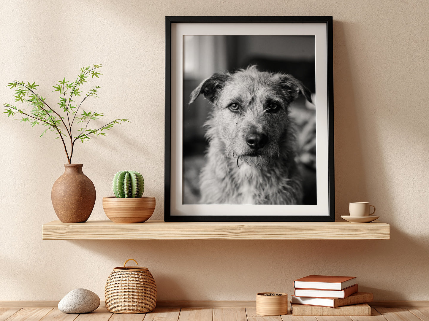 Black and white dog portrait wall decor with scruffy dog by window in natural light