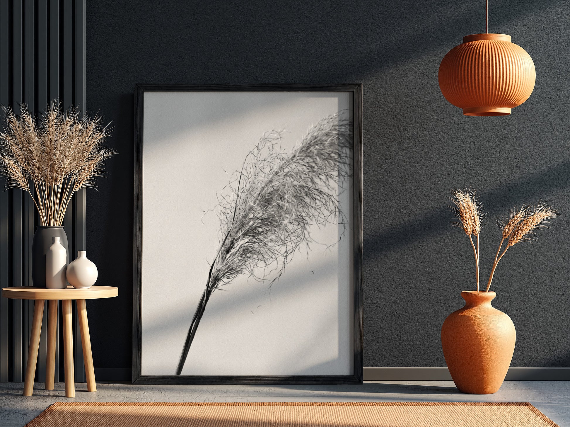 Wall decor featuring dried pampas grass with fine textures and muted soft grey background