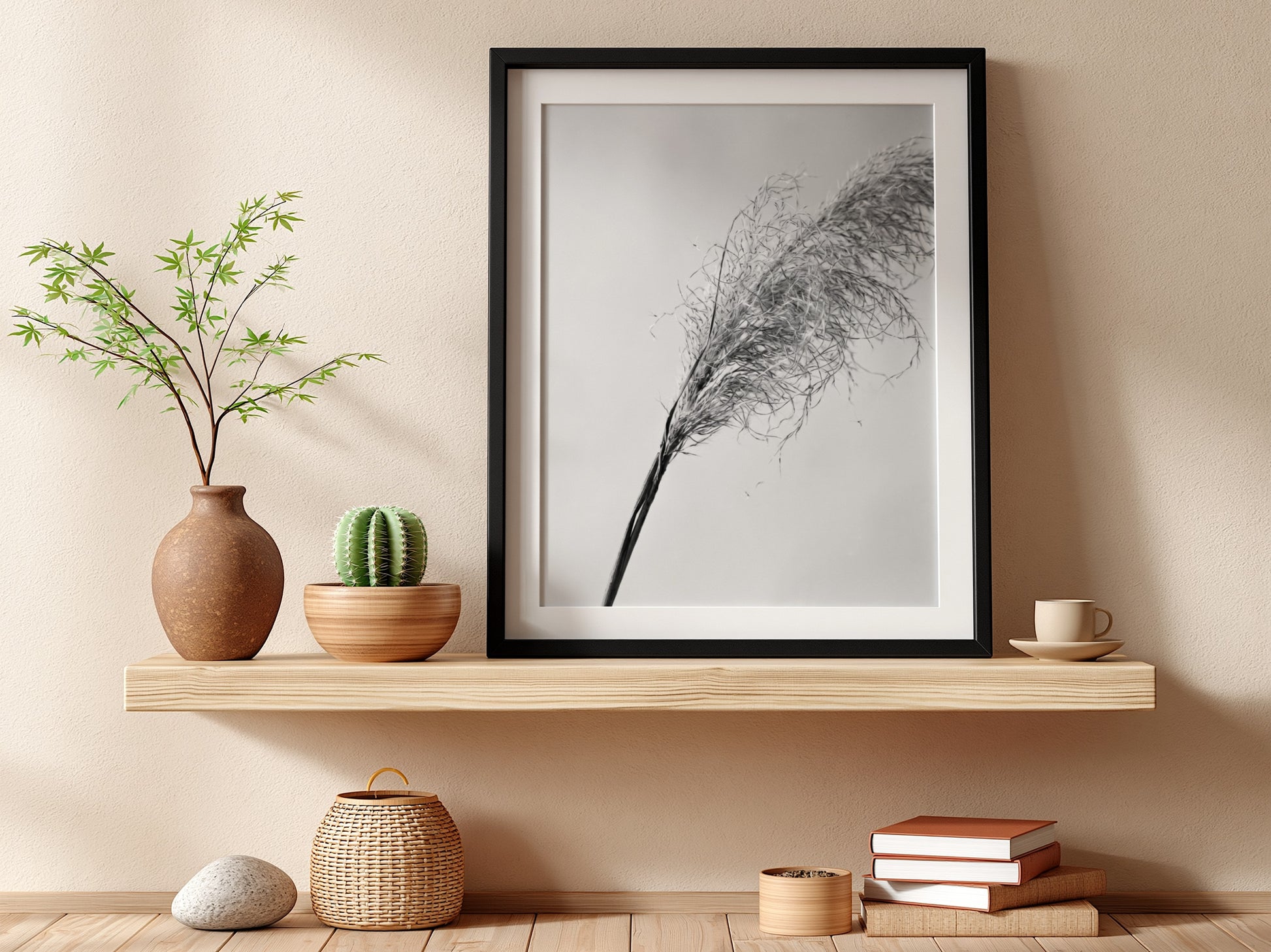 Wall decor featuring dried pampas grass with fine textures and muted soft grey background