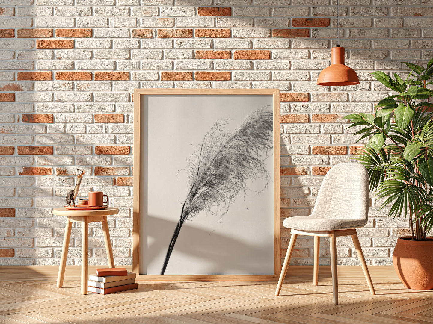 Wall decor featuring dried pampas grass with fine textures and muted soft grey background