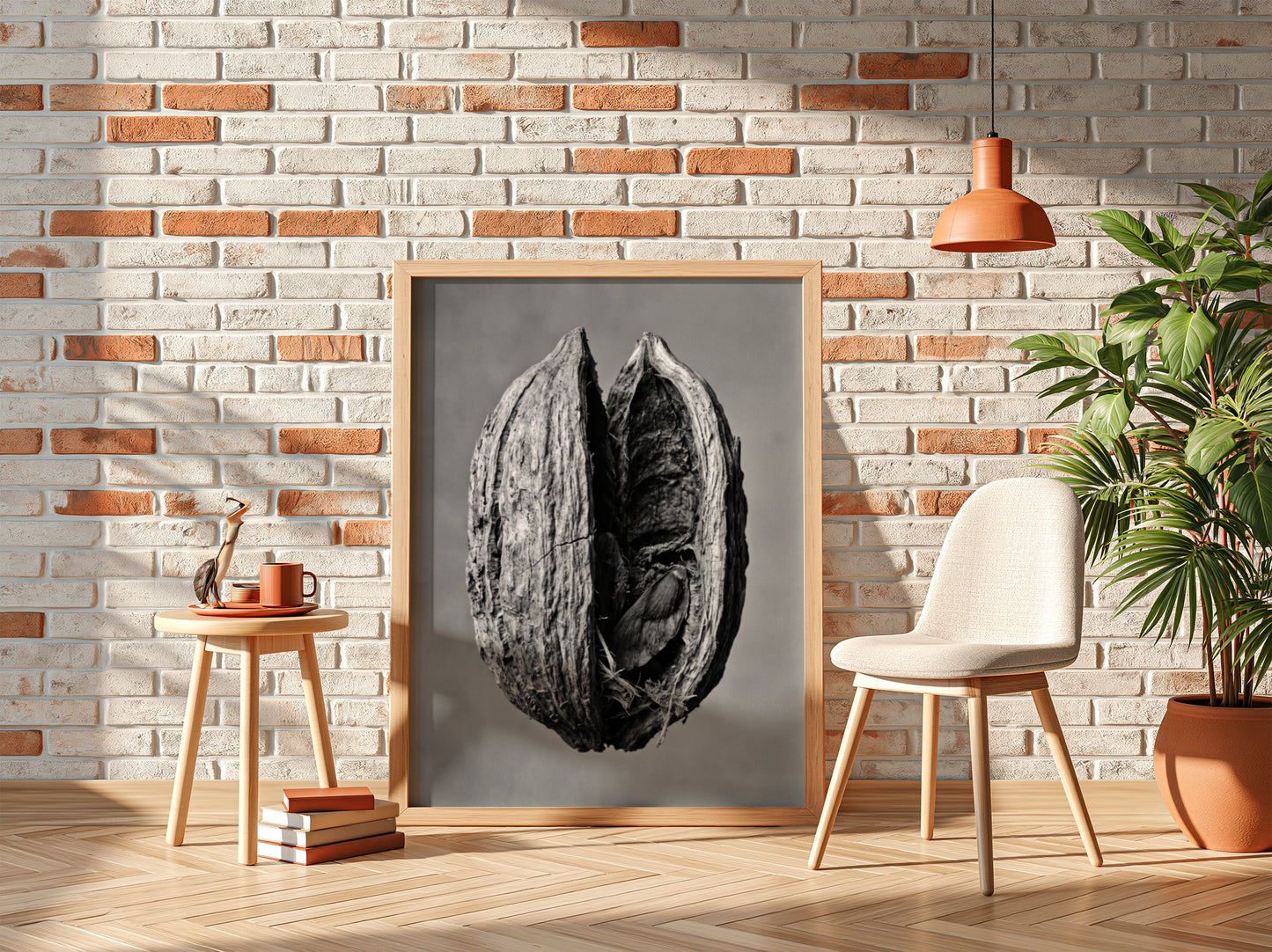 Botanical photography print of dried seed pod split open monochrome black and white detailed