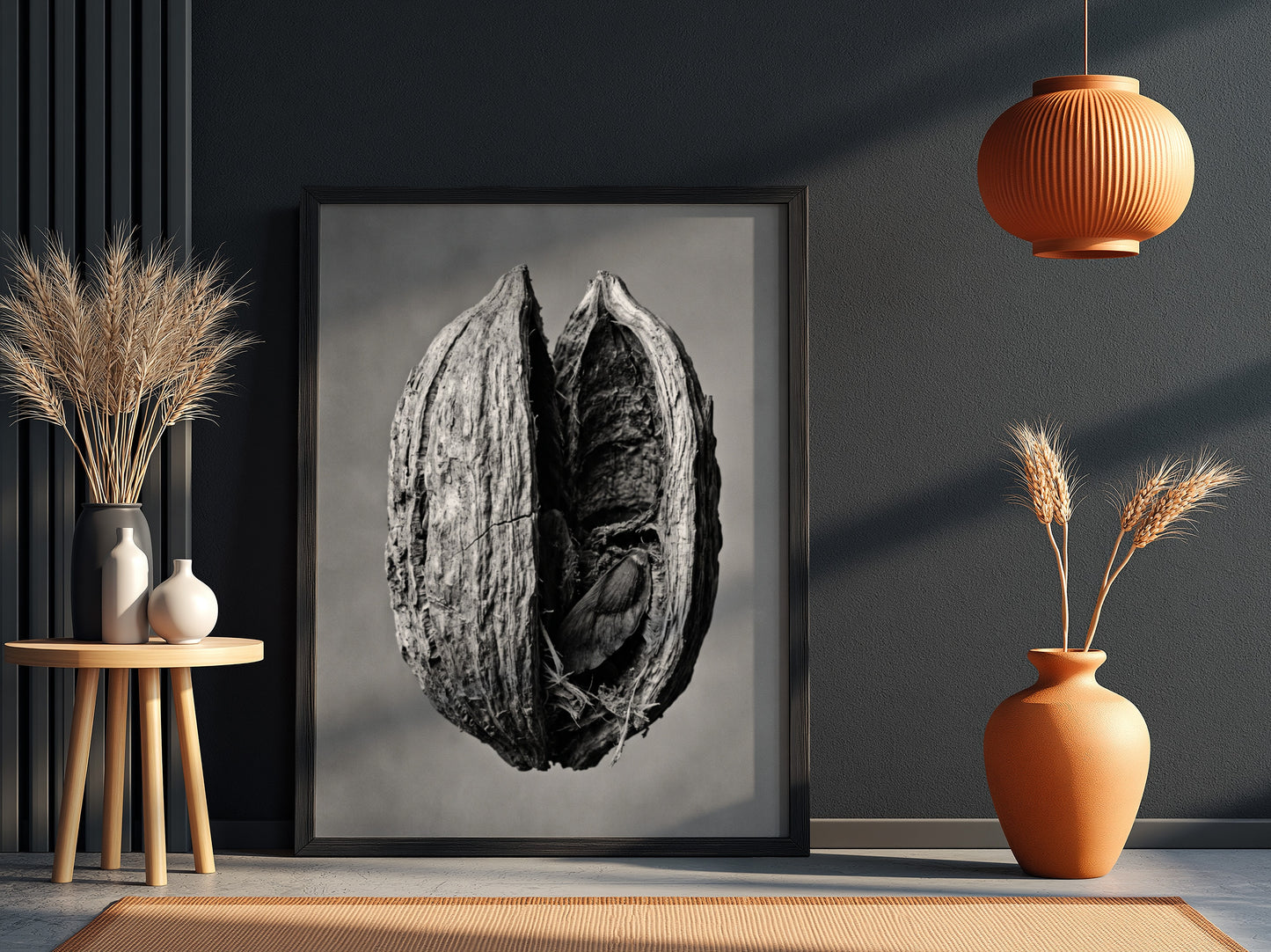 Botanical photography print of dried seed pod split open monochrome black and white detailed