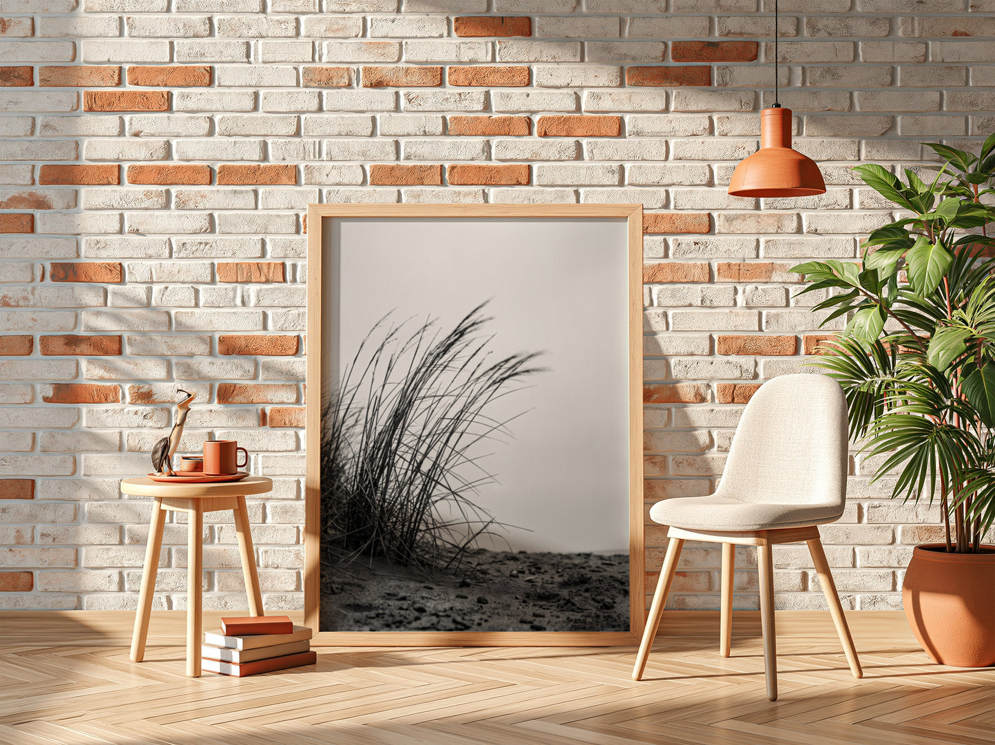 Black and white poster showing dune grass bending in wind on sandy ground with soft shadows