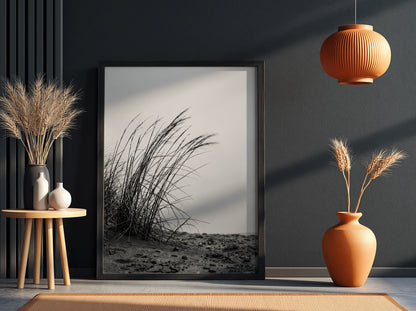Black and white poster showing dune grass bending in wind on sandy ground with soft shadows