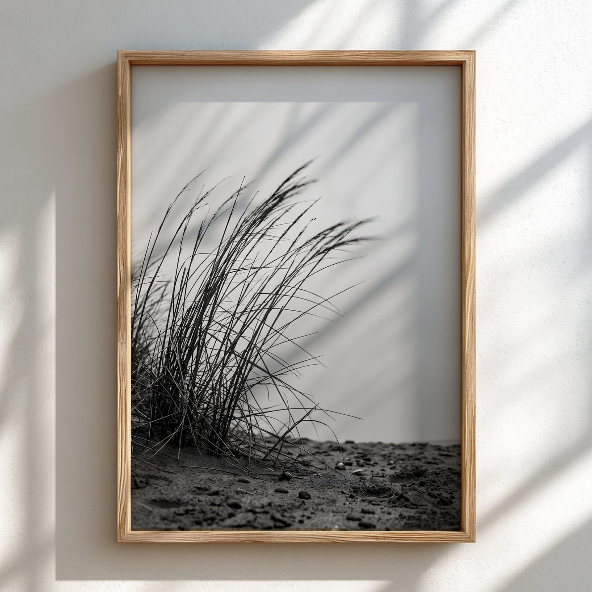 Black and white poster showing dune grass bending in wind on sandy ground with soft shadows