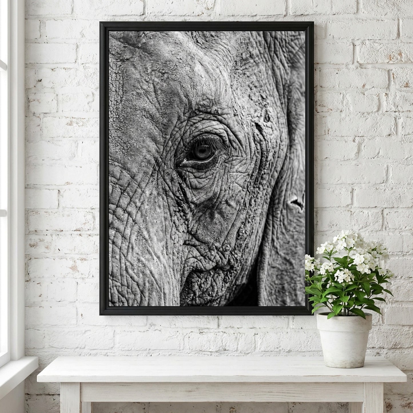 wildlife wall decor black and white close-up photograph of elephant eye with detailed textured skin