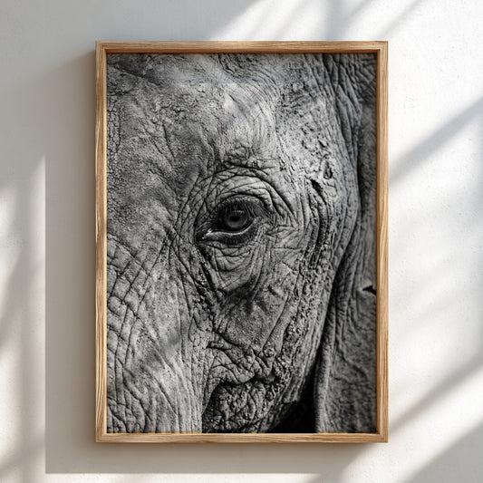wildlife wall decor black and white close-up photograph of elephant eye with detailed textured skin
