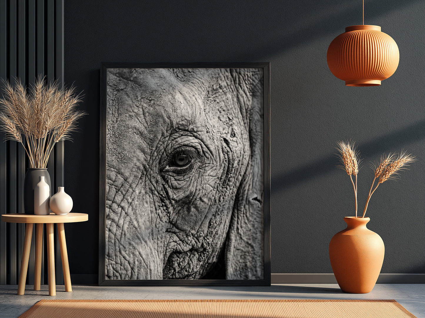 wildlife wall decor black and white close-up photograph of elephant eye with detailed textured skin