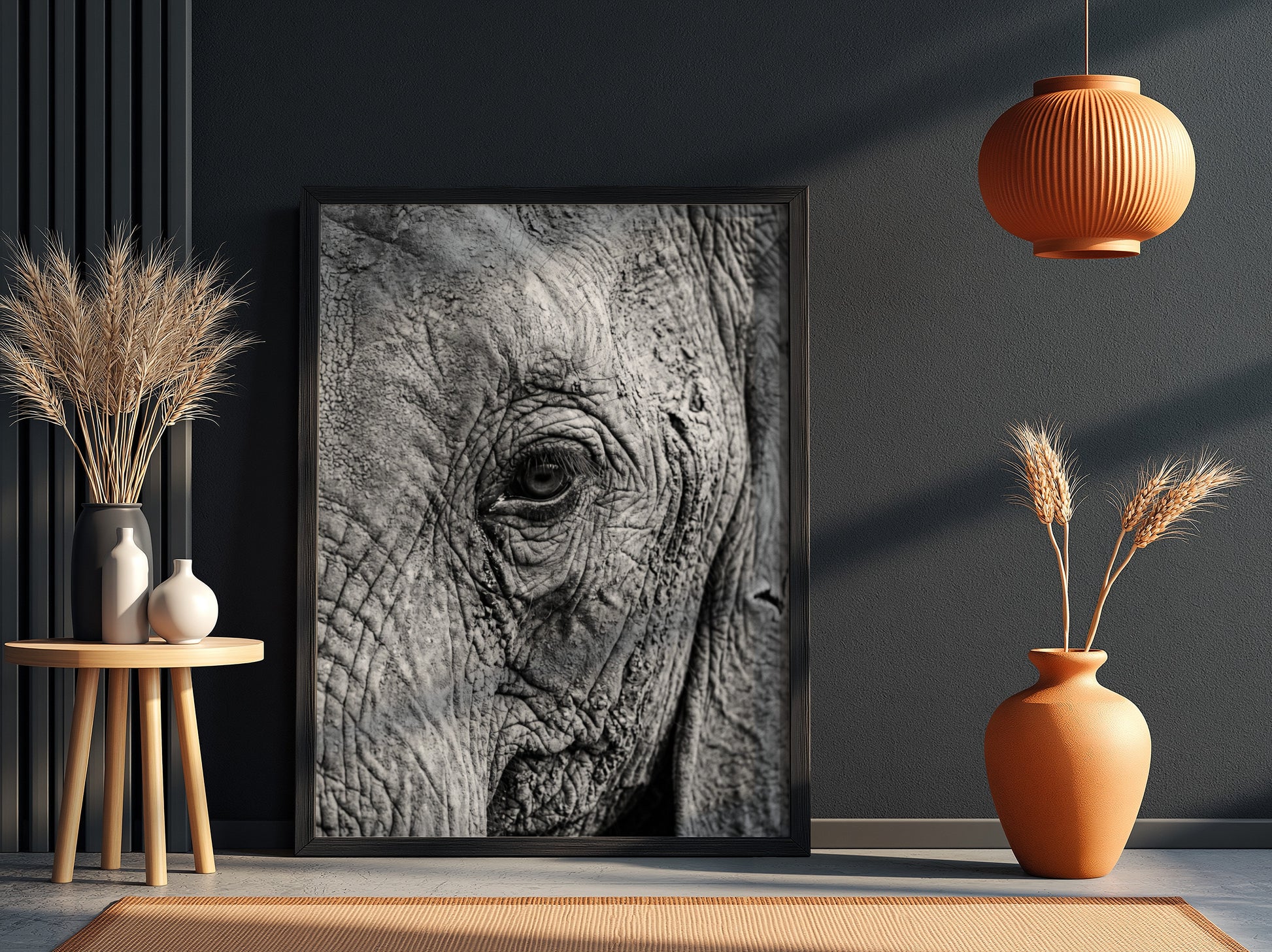 wildlife wall decor black and white close-up photograph of elephant eye with detailed textured skin