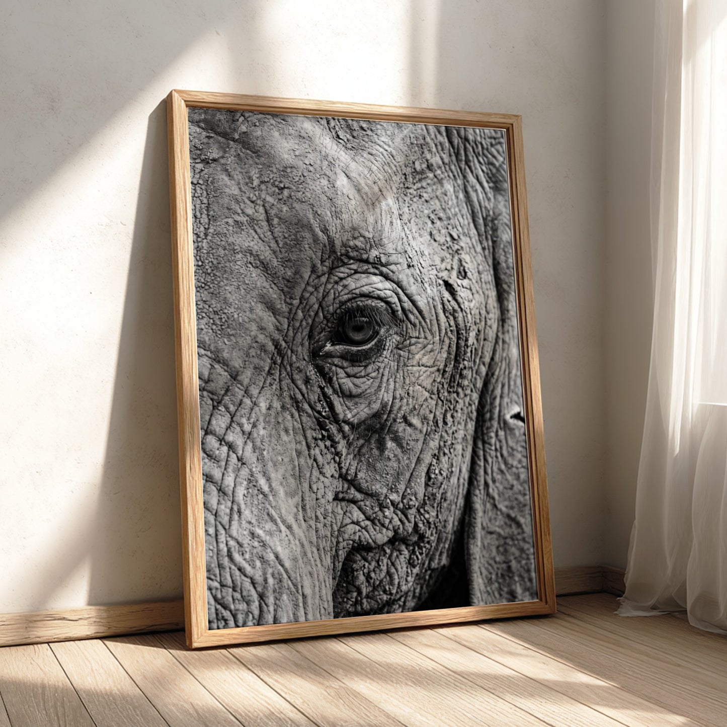 wildlife wall decor black and white close-up photograph of elephant eye with detailed textured skin