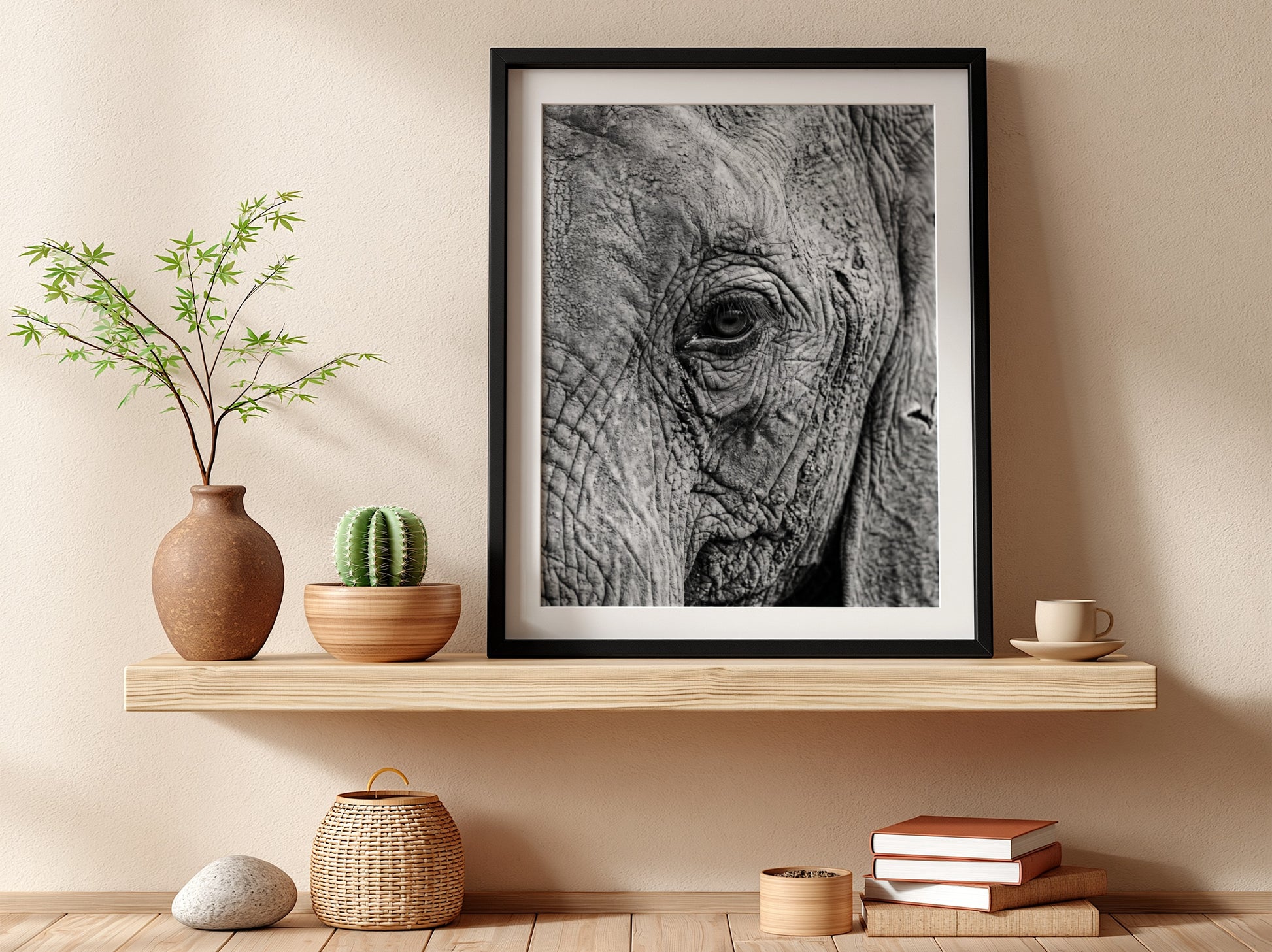 wildlife wall decor black and white close-up photograph of elephant eye with detailed textured skin