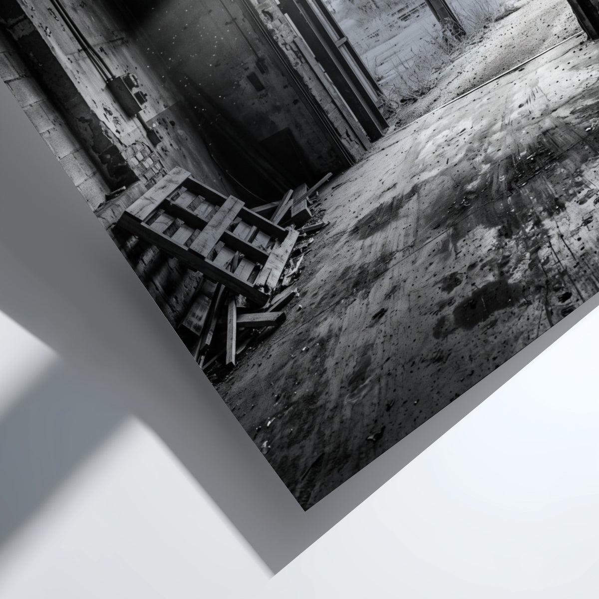 Poster of empty factory loading dock with black and white industrial interior and scattered pallets