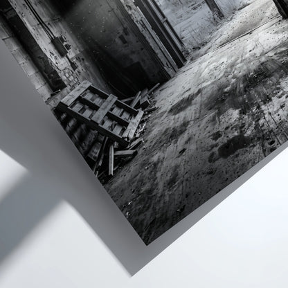 Poster of empty factory loading dock with black and white industrial interior and scattered pallets