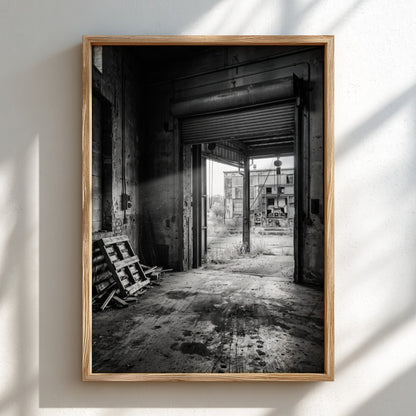 Poster of empty factory loading dock with black and white industrial interior and scattered pallets
