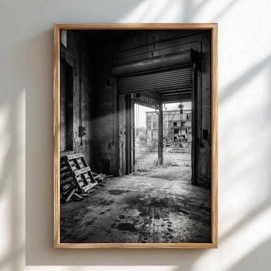 Poster of empty factory loading dock with black and white industrial interior and scattered pallets