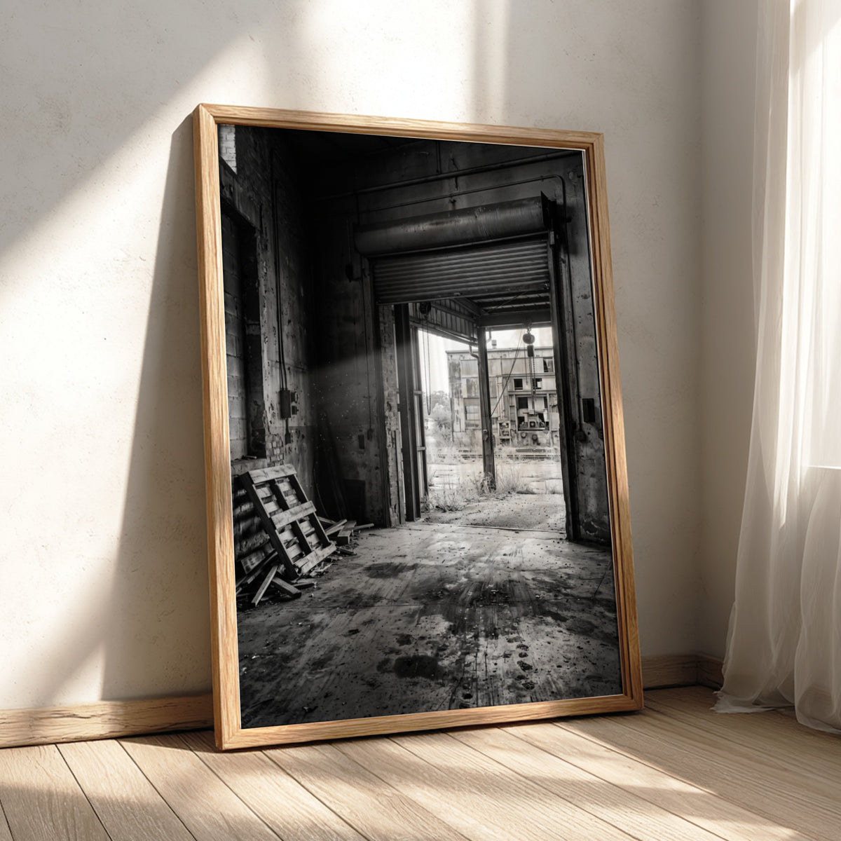Poster of empty factory loading dock with black and white industrial interior and scattered pallets