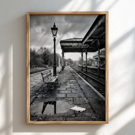 black and white poster of empty railway platform with bench lamp post and shelter
