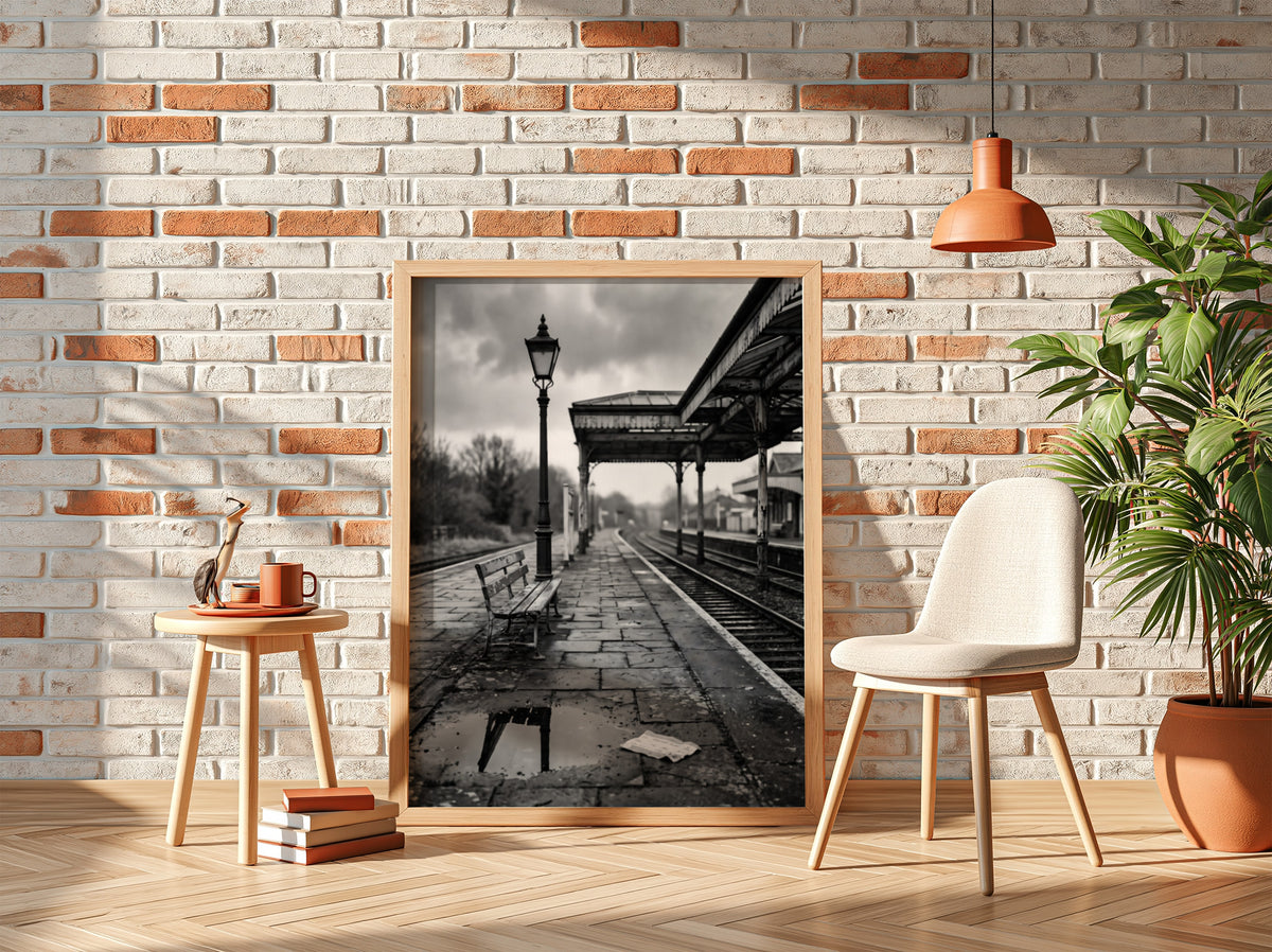 black and white poster of empty railway platform with bench lamp post and shelter