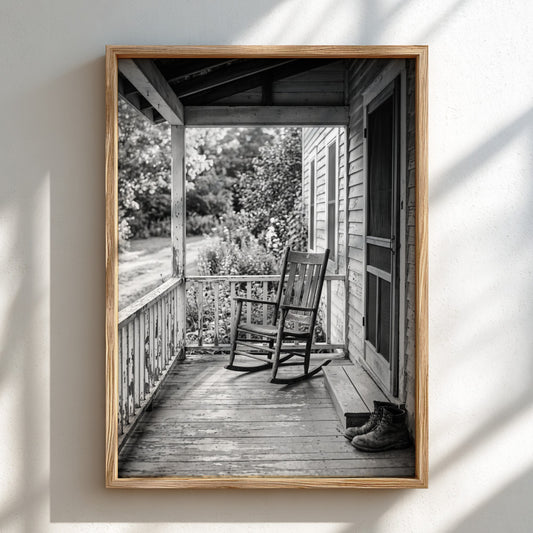 black and white wall decor showing empty rocking chair on wooden porch with boots and rustic textures