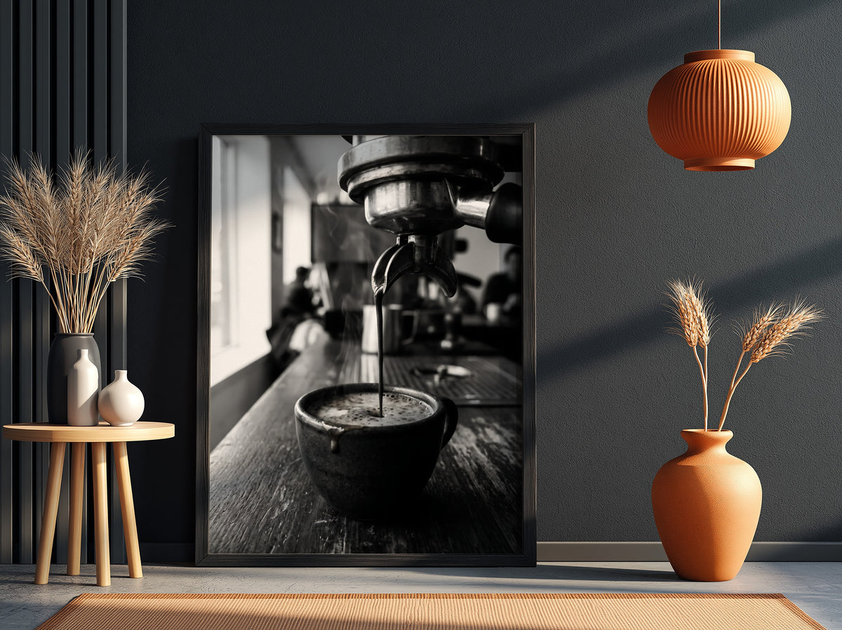 Black and white poster showing espresso pouring from coffee machine into cup on wooden surface
