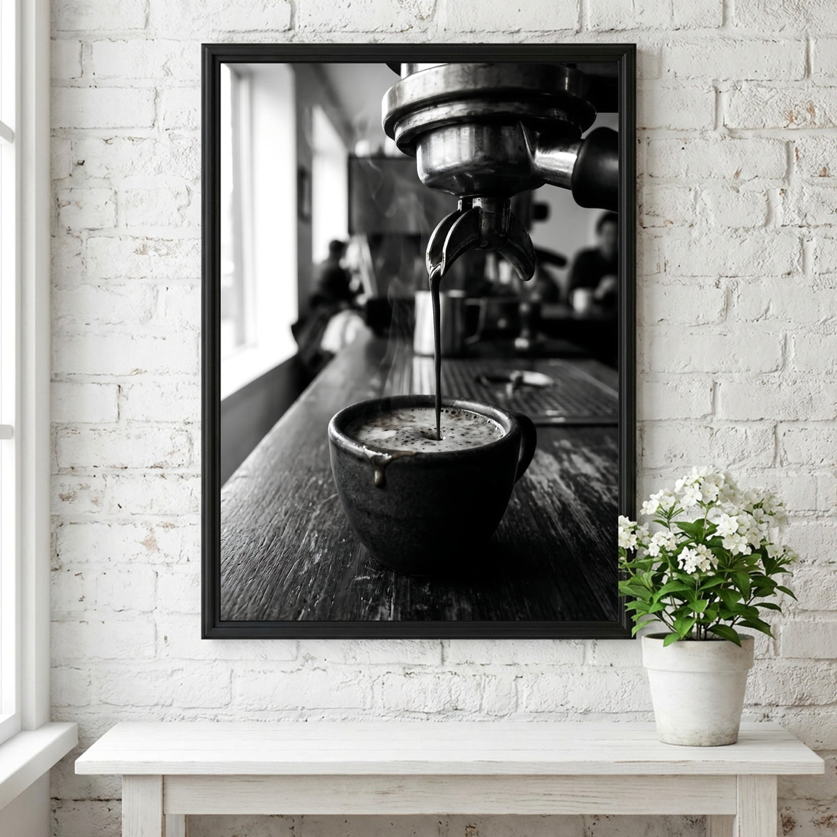 Black and white poster showing espresso pouring from coffee machine into cup on wooden surface