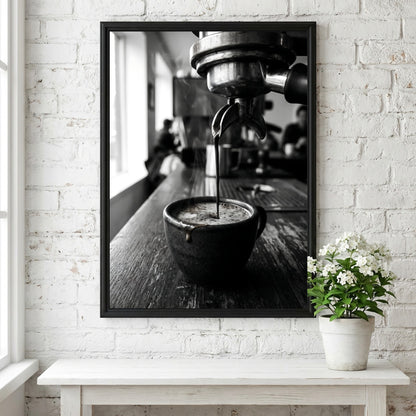 Black and white poster showing espresso pouring from coffee machine into cup on wooden surface