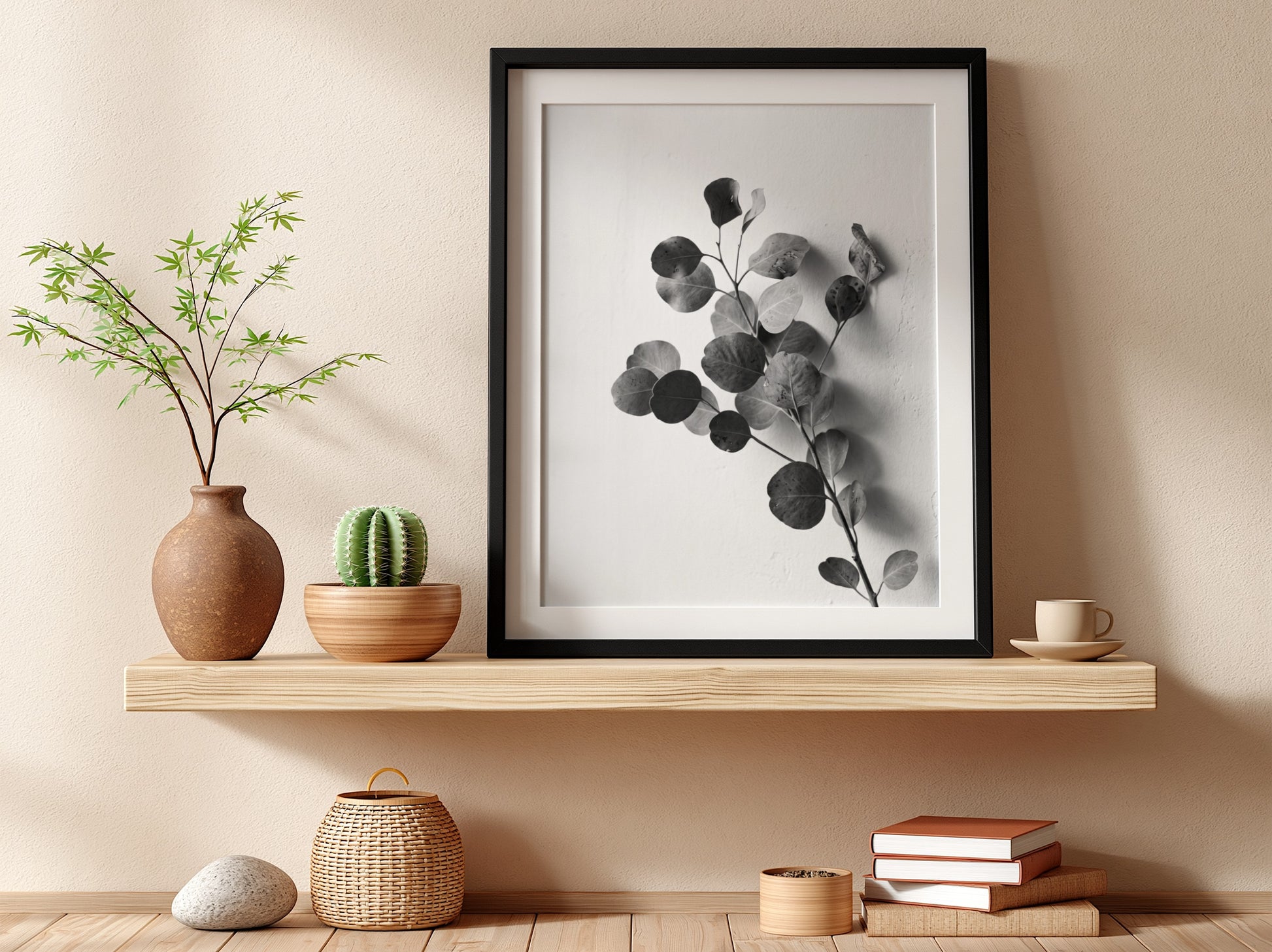 botanical wall decor featuring grayscale eucalyptus branch with rounded leaves on white background