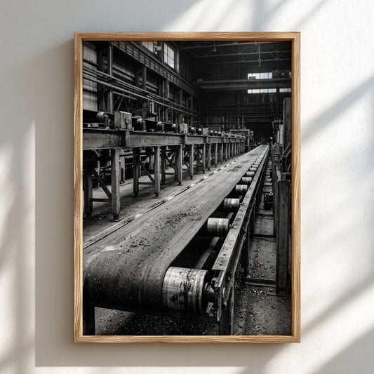 black and white factory conveyor belt photograph showing industrial machinery and perspective