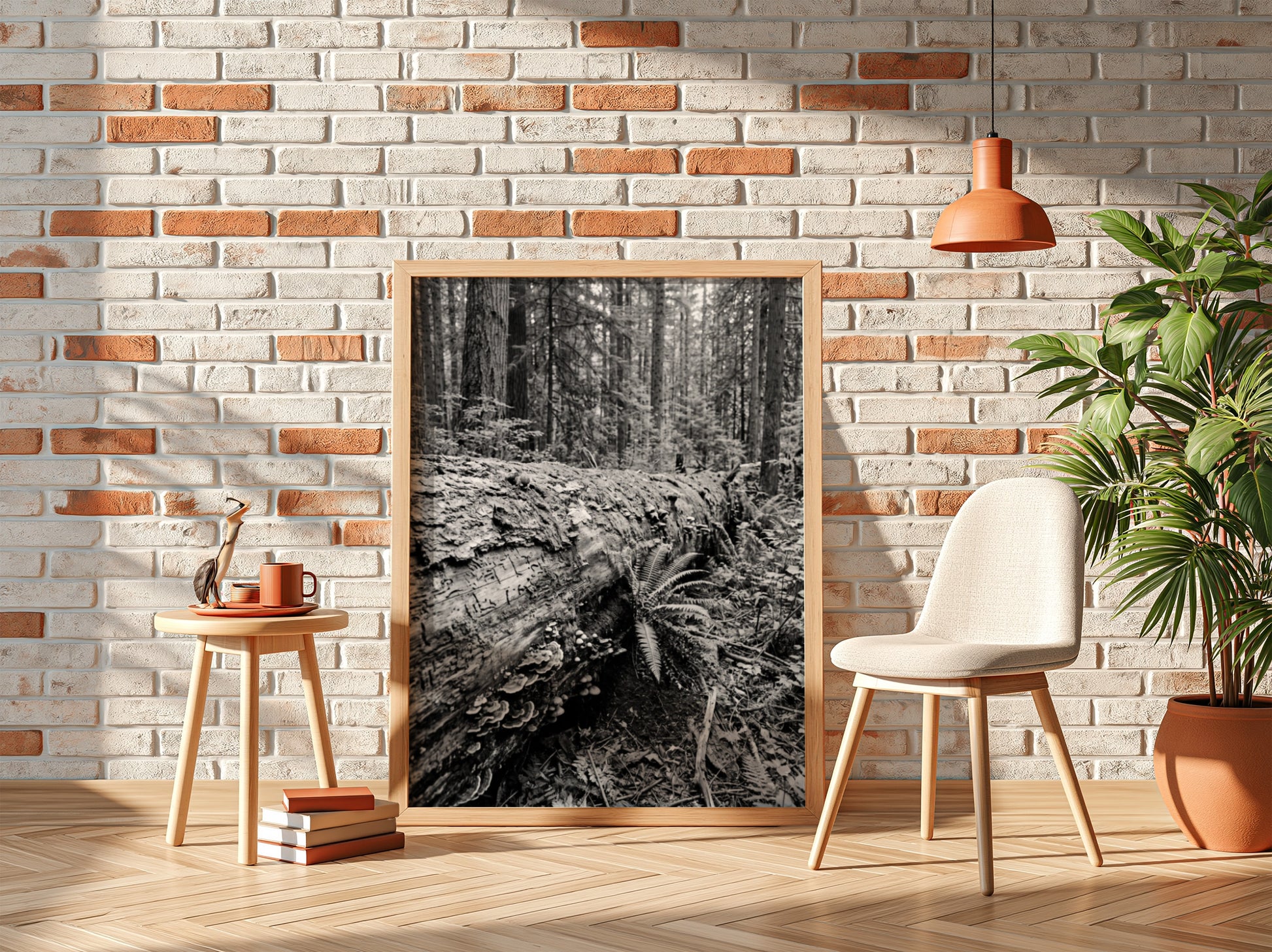 Black and white poster showing fallen tree trunk in dense forest with ferns and detailed textures