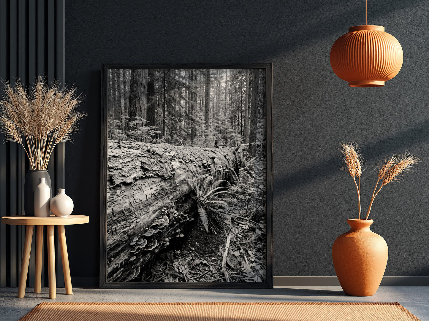 Black and white poster showing fallen tree trunk in dense forest with ferns and detailed textures
