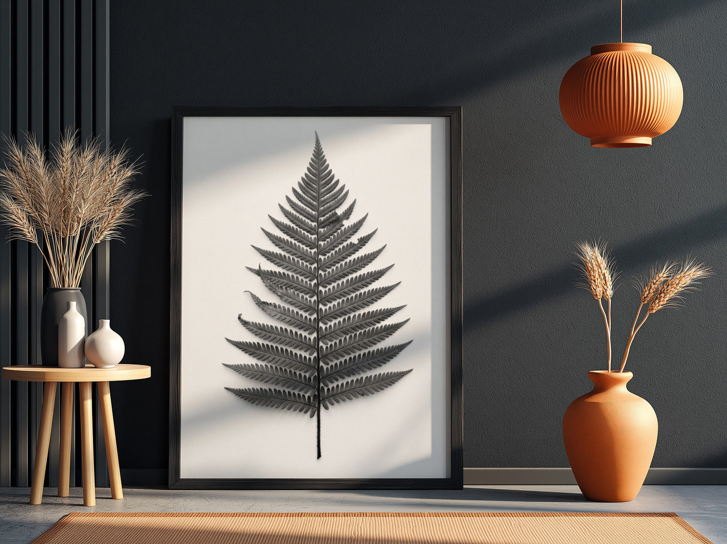 Botanical poster showing a detailed monochrome fern frond laid flat with natural wood frame and soft shadows