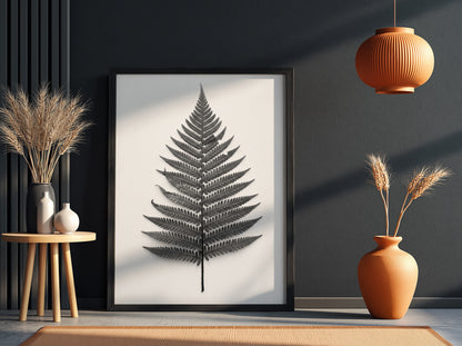Botanical poster showing a detailed monochrome fern frond laid flat with natural wood frame and soft shadows