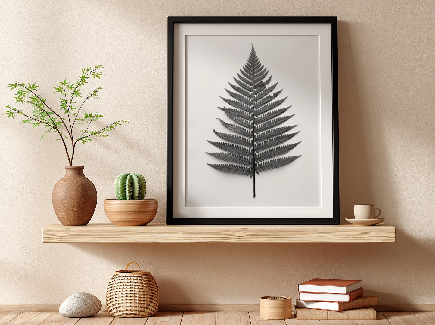 Botanical poster showing a detailed monochrome fern frond laid flat with natural wood frame and soft shadows