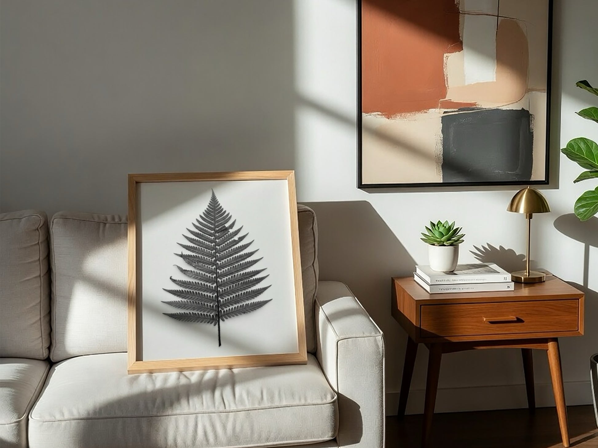 Botanical poster showing a detailed monochrome fern frond laid flat with natural wood frame and soft shadows
