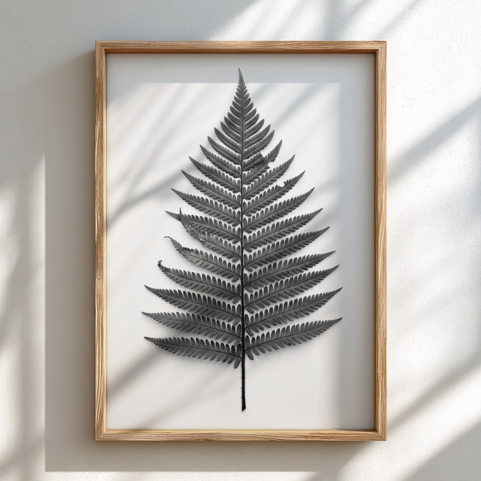 Botanical poster showing a detailed monochrome fern frond laid flat with natural wood frame and soft shadows