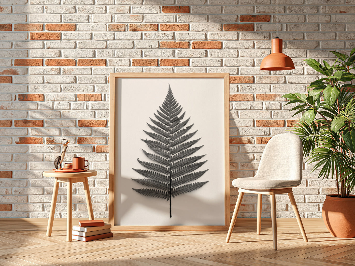 Botanical poster showing a detailed monochrome fern frond laid flat with natural wood frame and soft shadows