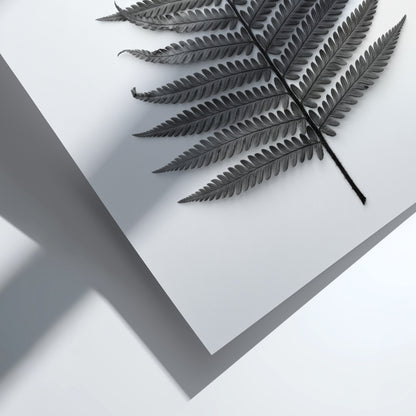 Botanical poster showing a detailed monochrome fern frond laid flat with natural wood frame and soft shadows