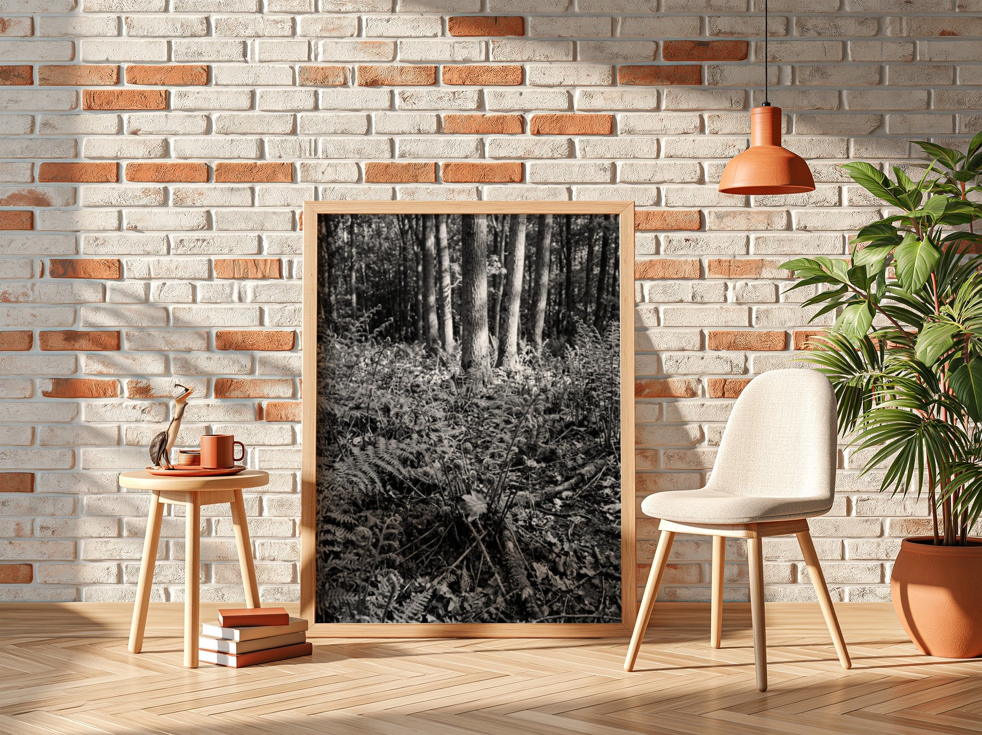 Black and white poster showing ferns on a forest floor with tree trunks and detailed foliage